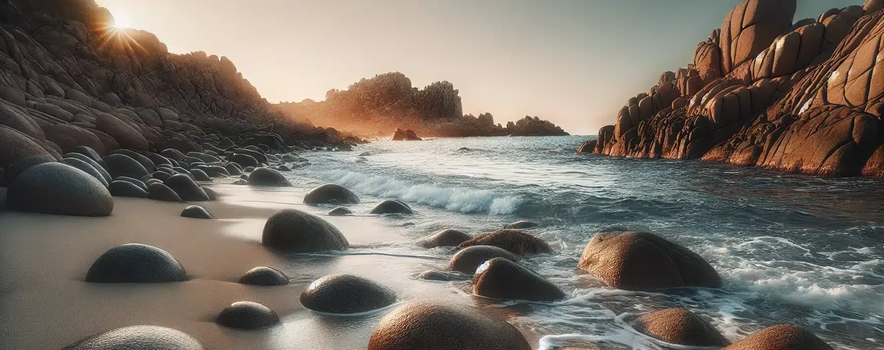 Plage de galet au soleil couchant pour séances de Sophrothérapie